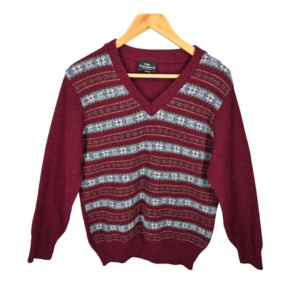 CLUB INTERNATIONAL VINTAGE MEN'S V-NECK SWEATER – MAROON / GRAY / WHITE – SIZE S